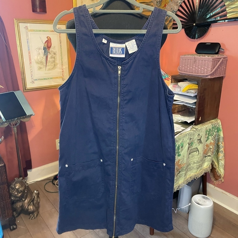 Vintage 90s Bill Blass Jumper Dress. Dark navy color. Front zipper. Fits like S